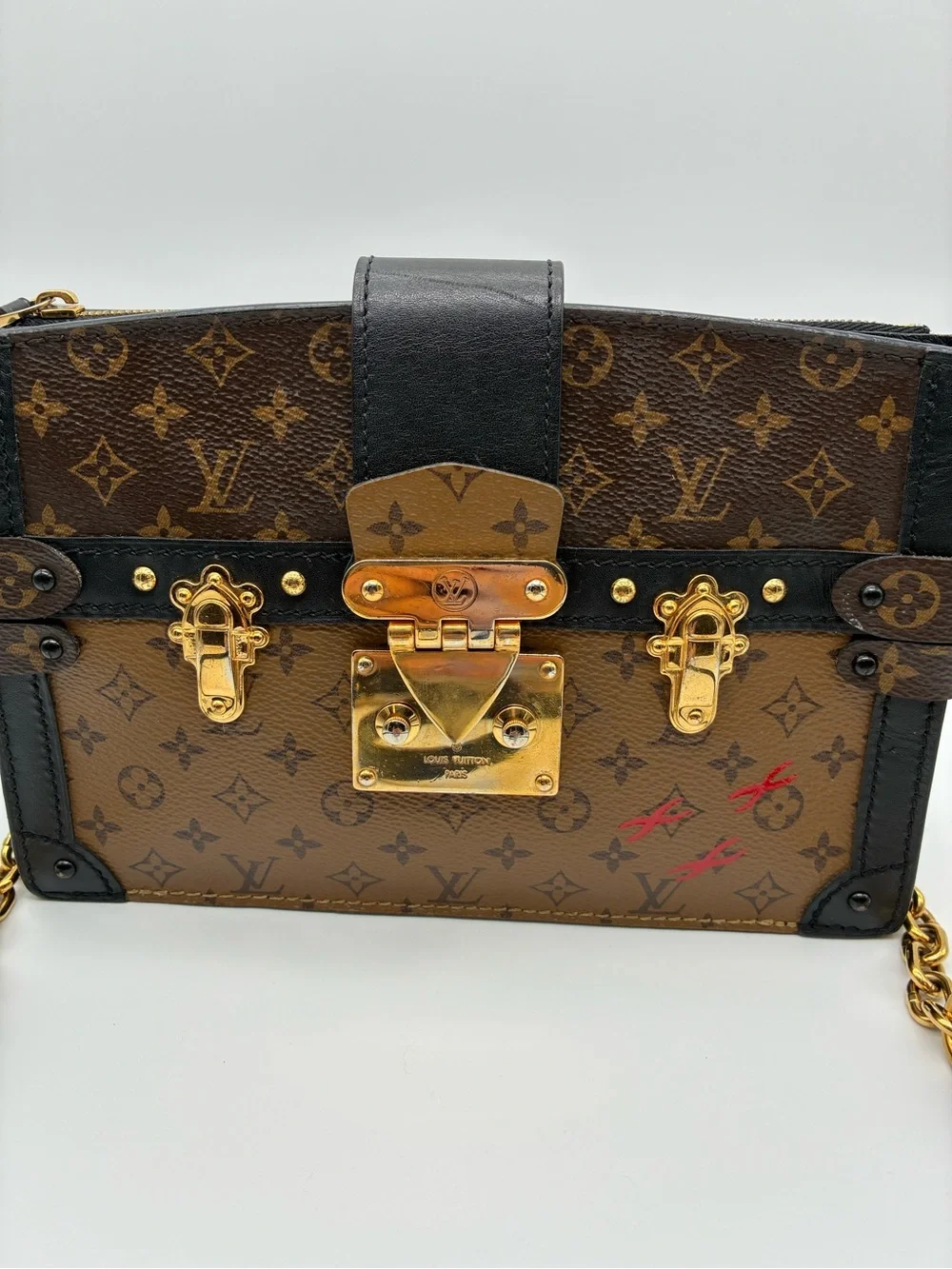 Louis Vuitton Brown reverse Monogram Trunk clutch crossbody  Bag with COA